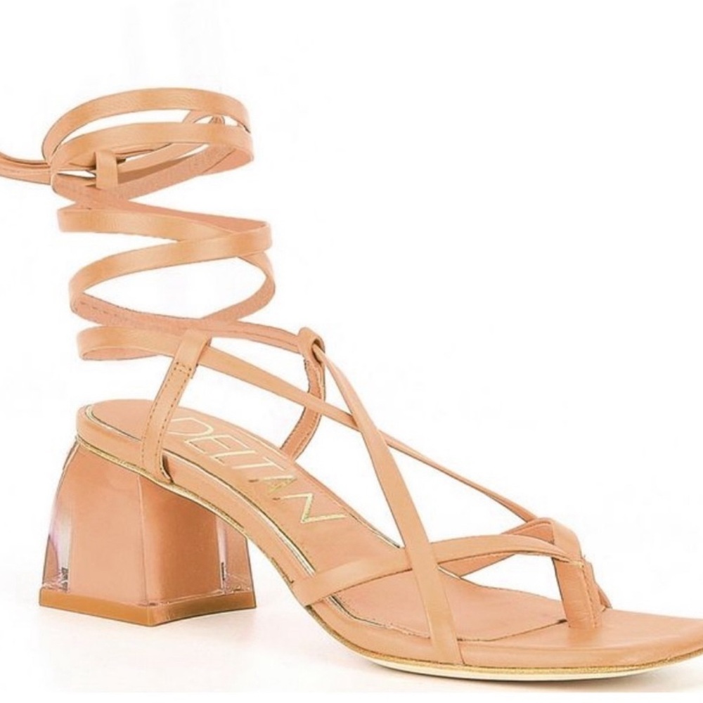 Deltan Fawn Nude Tan Ankle Wrap Strappy Block Heel Thong Dress Sandals 8M NWT.